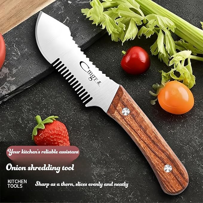 Julienne Slicer Stainless Steel Onion Cutter Scallion Shredder, Vegetable Chopper with Comb Teeth, Kitchen Gadgets (Wooden Handle)