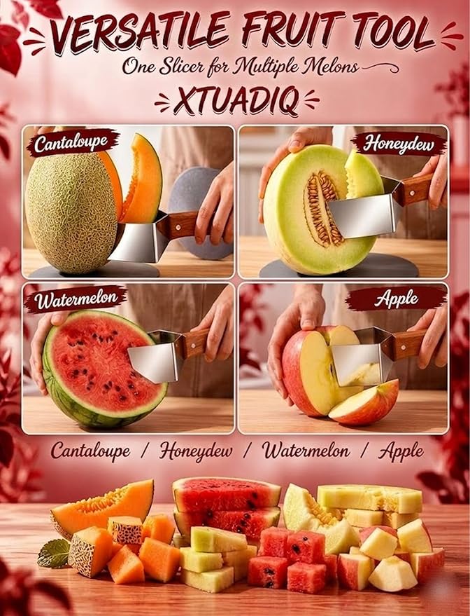Stainless Steel Watermelon Slicer, 2026 New Triangle Watermelon Cutter, Stainless Steel with Wooden Handle for A Wide Variety Watermelon, Cantaloupe, Honeydew, Apples, and More (2pcs)