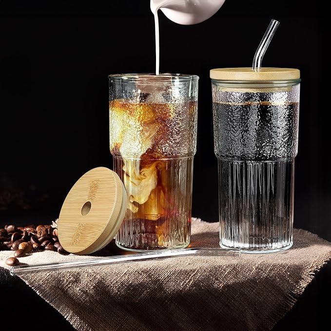 Joeyan 24 oz Clear Glass Tumbler with Straw and Bamboo Lid,Ribbed Large Glasses Cups for Iced Tea Coffee Smoothie Water Juice Beverages Soda,Thickened Drinking Jar,Set of 2,Dishwasher Safe