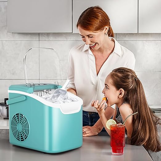 Crzoe Ice Makers Countertop with Handle, 2 Sizes of Ice, 8 Bullet Ice Cubes in 6 Mins, 26Lbs/24H, Portable Ice Maker with Self-Cleaning, Ice Machine for Home&Kitchen&Office&Party(Green)