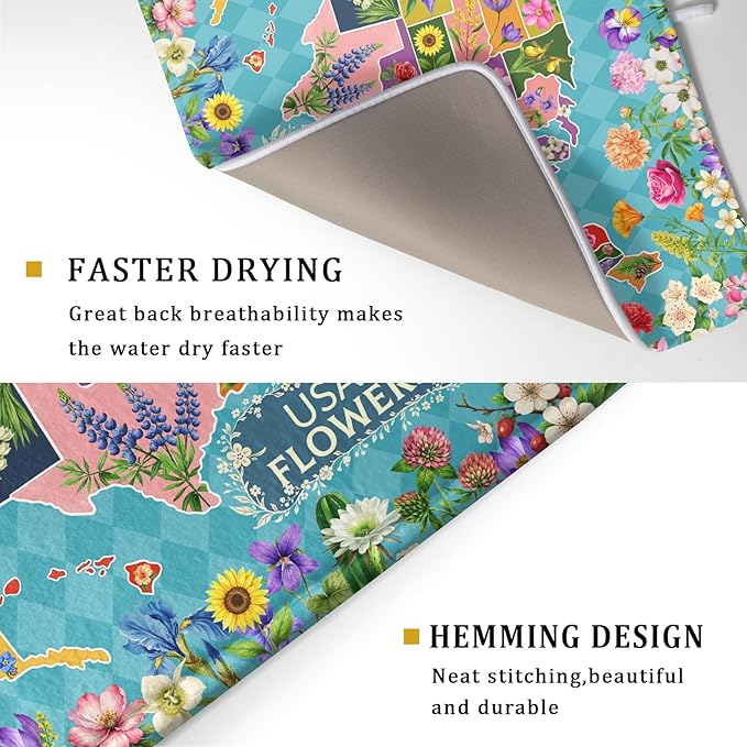 Flower Map Dish Drying Mat Colorful Floral Microfiber Large Dish Drying Pad for Kitchen Counter 18 X 24 In