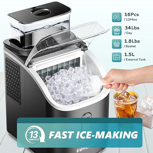 EUHOMY Ice Cube Maker Machine Countertop with External Water Tank, 2 Ways to Add Water, 34Lbs/Day, 16Pcs Ready in 7 Mins, Auto-Cleaning, with Ice Scoop & Basket, for Home/Kitchen/Office/Bar (Black)