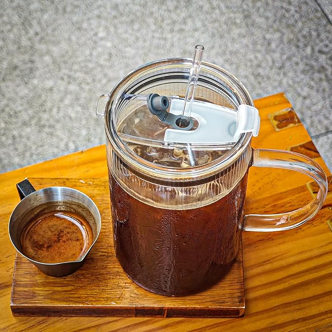 20oz Glass Tumblers with Lids and Straws - Stylish Vintage Ribbed Design for Iced Coffee, Juice, Smoothies, Milkshakes, Cold Beverages & Whiskey Cocktail Beer (Thin Inner Ridge)
