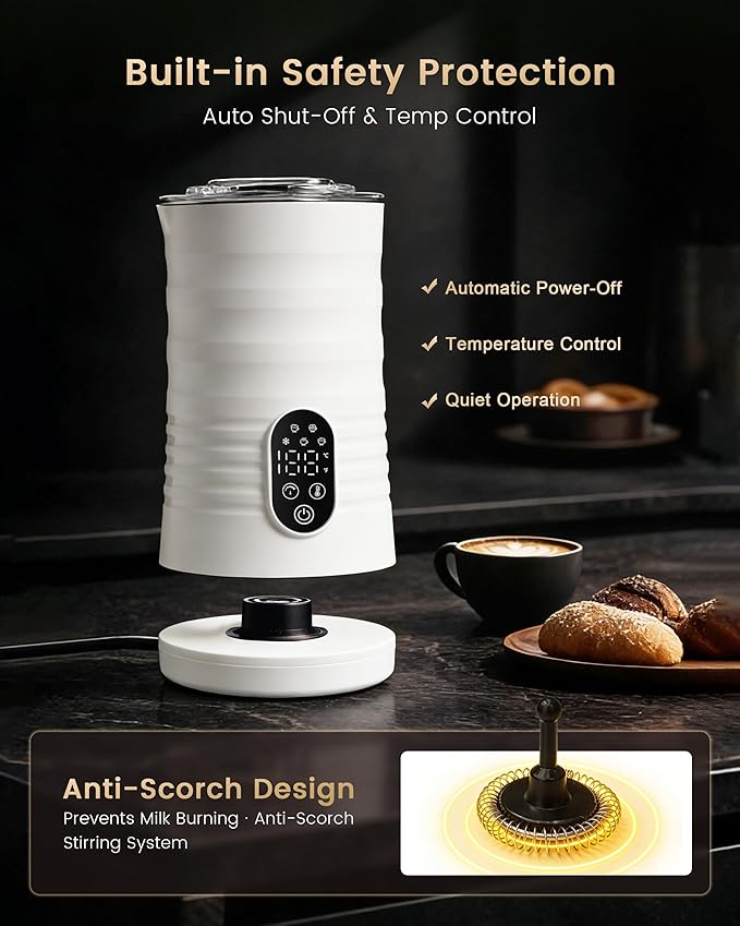 Milk Coffee Frother and Steamer,Temperature Display, 350lm, Burn-Free Base, Easy To Clean, 96% High Foam Rate,Ultra-Quiet Operation,Electric Cold Foam Maker Machine,Hot Chocolate Frother - Milky White