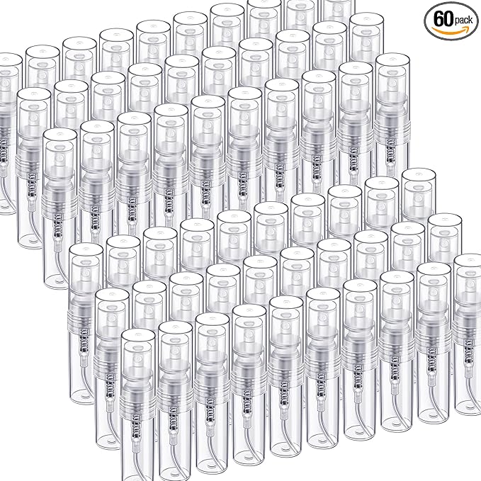 Fandamei Mini Spray Bottle, 60PCS 2ml Mini Clear Plastic Spray Bottle Empty, Fine Mist Refillable Mini Perfume Bottle. Small Empty Sample Containers Bottle. 2ml, 60 Pack, Clear, FANL-093