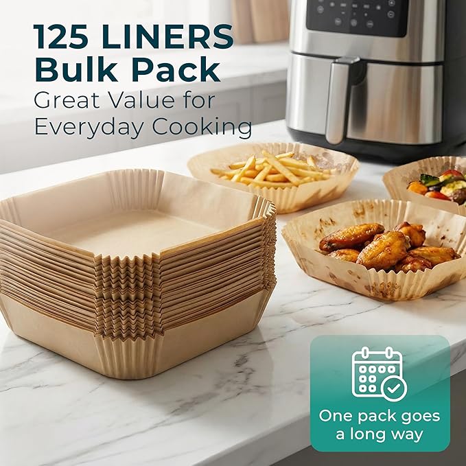 Cathy Yoder's AirFryer Paper Liners, 125 PCS 8-inch Square Air Fryer Liners Disposable, Premium, Food-Grade Easy Cleanup Air Fryer Parchment Paper Sheets, Airfryer Liner for 5-8QT, Baking & Roasting