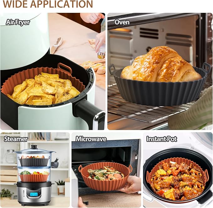 2 Pack Air Fryer Silicone Liners for Ninja, Reusable Silicone Bowl Basket Fit for 3 to 5QT Air Fryer, Replacement of Flammable Parchment Paper, Baking Tray Oven Accessories (Top 8in, Bottom 6.8in)