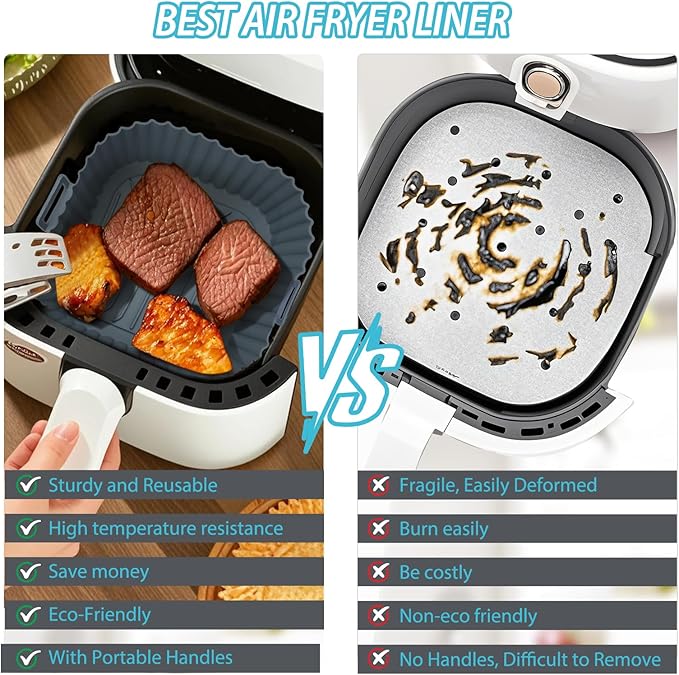 Komzon Silicone Air Fryer Liners Reusable 3 PCS, Airfryer Liners, Silicone Air Fryer Basket Liners Square, Food Grade AirFryer Accessories 4-7 QT, Ktchen Gadgets for Pot Oven Liner Baking Tray Pan