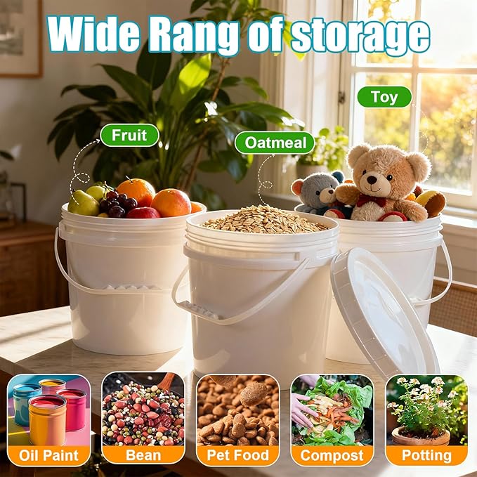 2.6 Gallon Plastic Bucket with Screw Lid 3 Pack - Food Grade Small Storage Bucket for Water, Food, Paint, Cleaning Supplies (BPA-Free, Stackable)