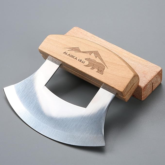 Alaskan Ulu Knives Pizza Cutter Chopper Slicer for Salad Vegetables Meat Chopping Mincing with Wooden Stand Arthritic Tool 5x4in (2)