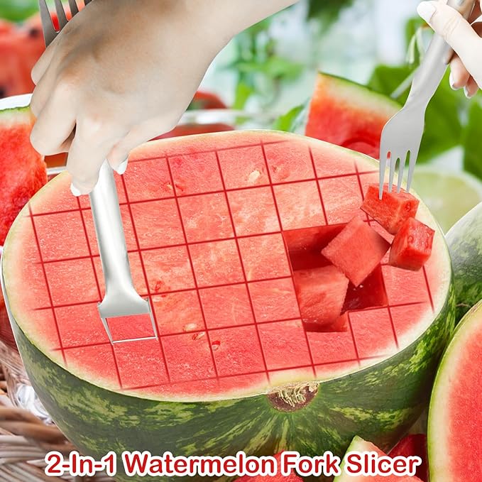 4 Pcs Watermelon Fork Slicer Cutter, Stainless Steel 2-in-1 Watermelon Fork Slicer, Portable Watermelon Fork Watermelon Cutter Slicer Tool Fruit Forks Slicer for Home Party Camping Kitchen Gadget