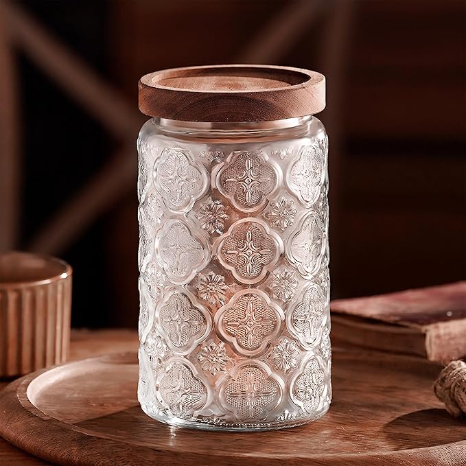 Custde Glass Storage Jars With Airtight Lid, 23.7oz Container For Kitchen Counter with Wooden Lid, brown sugar, candy, coffee, cookie, salt, tea, cute Jar (35oz Large Begonia Flowers)