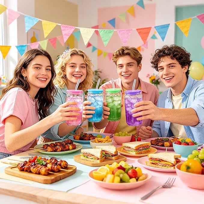 Joyclub 8pcs 16 oz Glass Cups with Acrylic Lids and Straws Can Shaped Iced Coffee Glasses Cute Tumbler Set Drinking Jars for Smoothie Soda Boba Beer Party Housewarming Gifts