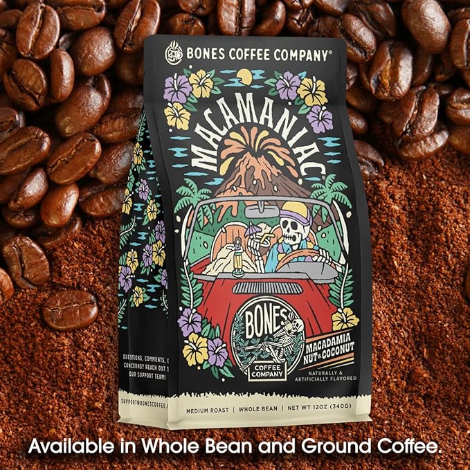 Bones Coffee Company Macamaniac, Macadamia and Coconut Flavored Coffee, Medium Roast Low Acid Arabica Beans Compatible with Auto drip and French Press Coffee Maker, 12 Oz Ground