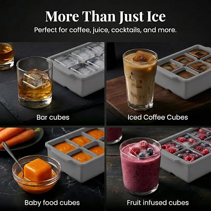 KitchFort Large Silicone Ice Cube Tray (2-Pack), Easy Release 2" Big Ice Cubes - Cocktail, Whiskey Ice Cubes Mold - Ice Trays for Freezer with Lid - Stackable Silicone Ice Tray - Gray