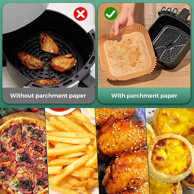 125Pcs Air Fryer Paper Liners, 6.5" Square Air Fryer Liners Disposable, Heavy-Duty Parchment Paper for 3-5 QT Airfryer Basket, Non-Stick & Grease-Proof Baking Liner for Oven Pan