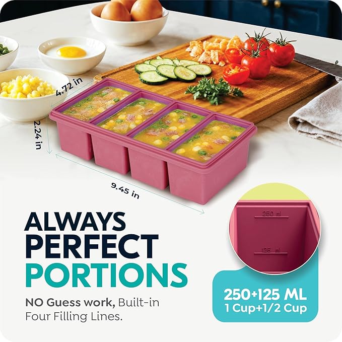 Silicone Freezer Trays with Lids, 2 Cup & 1 Cup Soup Container Style Ice Cube Trays, Easily prepare portioned meals, Great for storing soups, leftovers, sauces and other dishes, Dishwasher, Oven Safe