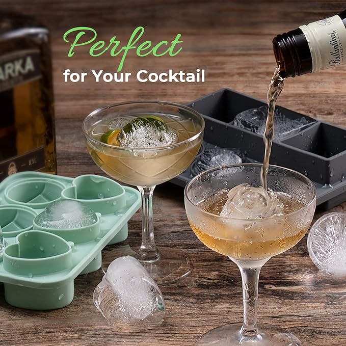 3 Rose & 3 Heart Shaped Ice Cube Tray, MEETRUE Silicone Ice Cube Tray with Clear Funnel-type Lid Novelty Rose Ice Cube Mold Ice Ball Maker Mold Ice Tray for Cocktails Whiskey Chilled Drinks,Green