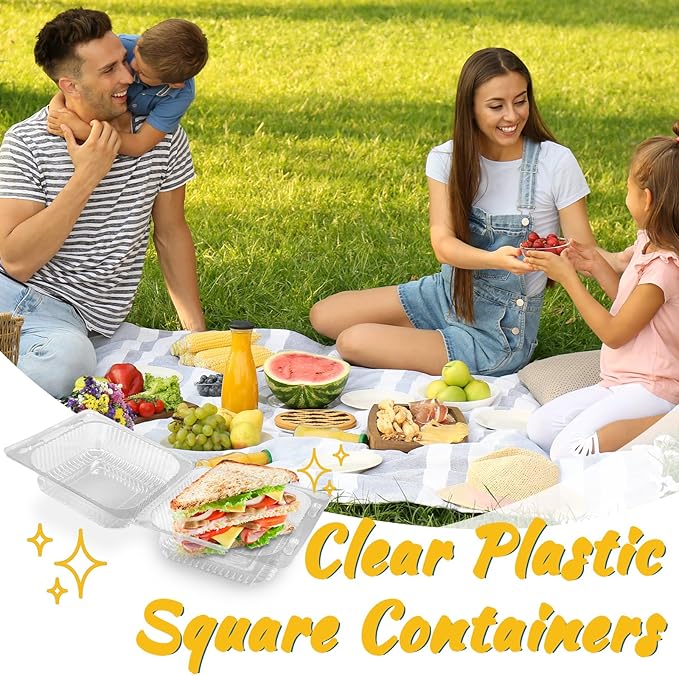 Qyyiguf 200 PCS Clear Plastic Square Hinged Containers,Disposable To Go Containers with Lids,Clamshell Food Containers for Sandwiches,Dessert,Cakes,Cookies,Salads,Pasta(5.3x4.7x2.8 In)