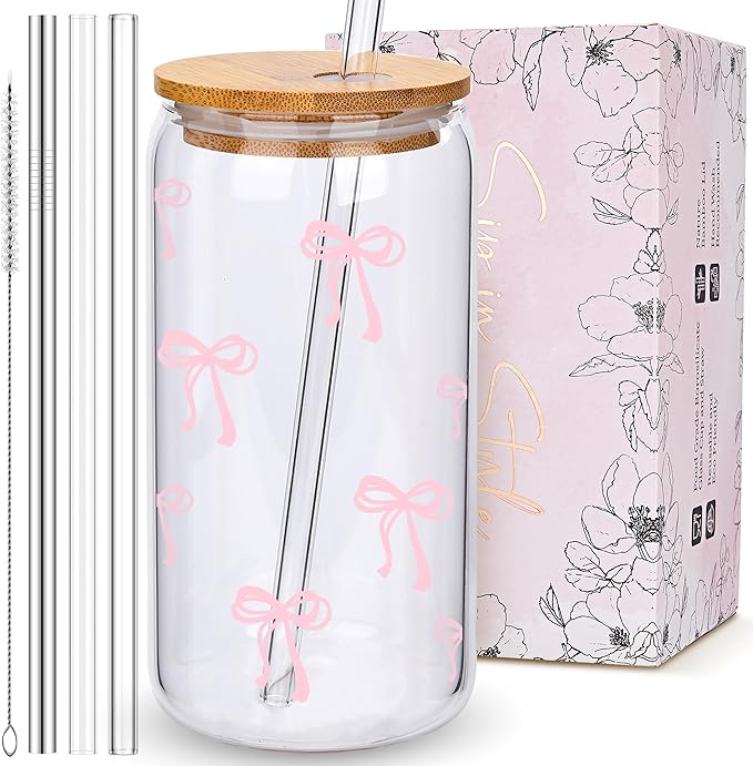 BIPEDS Coquette Cute Pink Bow Glass Cups with Lids and Straws, Aesthetic Iced Coffee Cup, Girly Preppy Design Tumbler Mug, Valentines Christmas Birthday Gifts for Women, Teen Girl Gifts Trendy Stuff