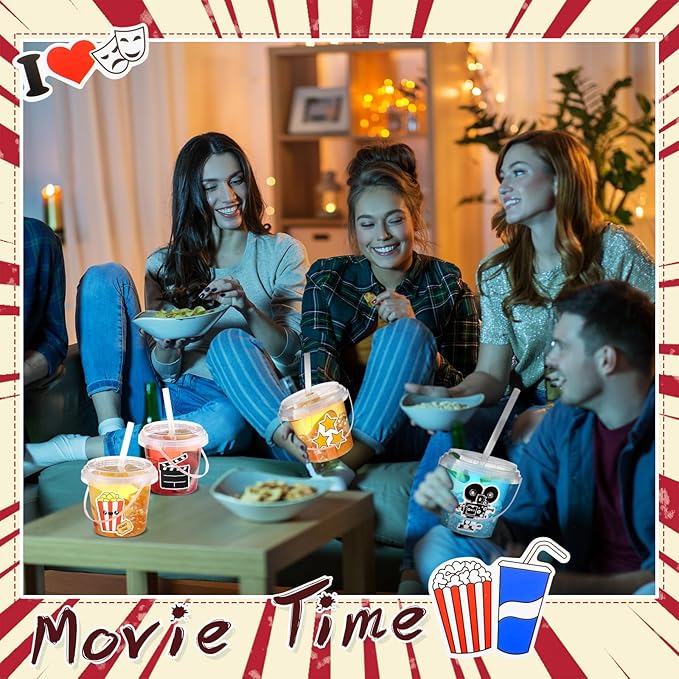 Funnymoom 30 Set Movie Night Clear Plastic Cups with Lids & Straws 24oz Disposable Rum Drink Buckets Bulk for Cocktail Parties with Handles & Stickers for Holiday Birthday Beach Pool Party Supplies