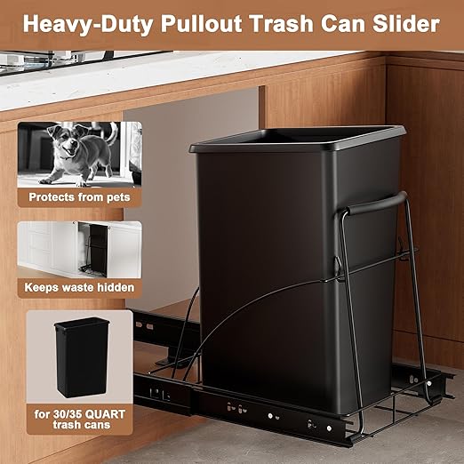 Pull Out Trash Can Under Cabinet Shelf - Under Sink Trash Can Pull Out Slider for 30–35 Quart Cans Up to 80 lb - Cabinet Trash Can Pull Out Kit - (Can Not Included)