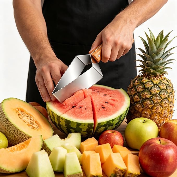 Stainless Steel Watermelon Slicer, Triangle Watermelon Cutter, Stainless Steel Melon Slicer with Wooden Handle, Fruit Divider Tool for Summer Picnic BBQ, Easy Kitchen Gadget for Cantaloupe (2 PCS)