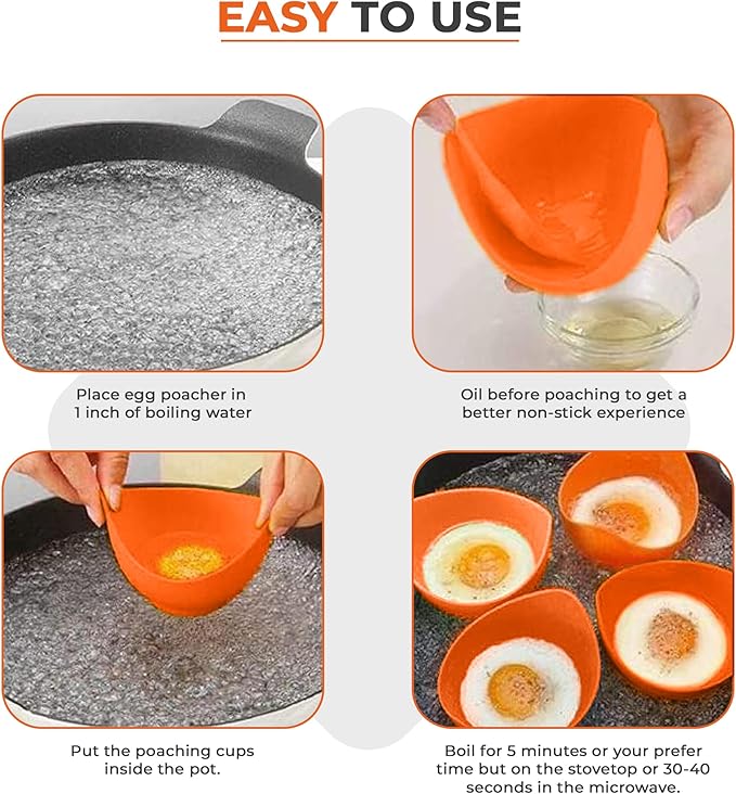 Egg Poacher Cup for Microwave or Stovetop Non-Stick - Heat-Resistant Durable Food grade quality Silicone Poached Egg Cooker BPA Free Egg Poaching Cups with Stable Base pack of 4 free e-Book