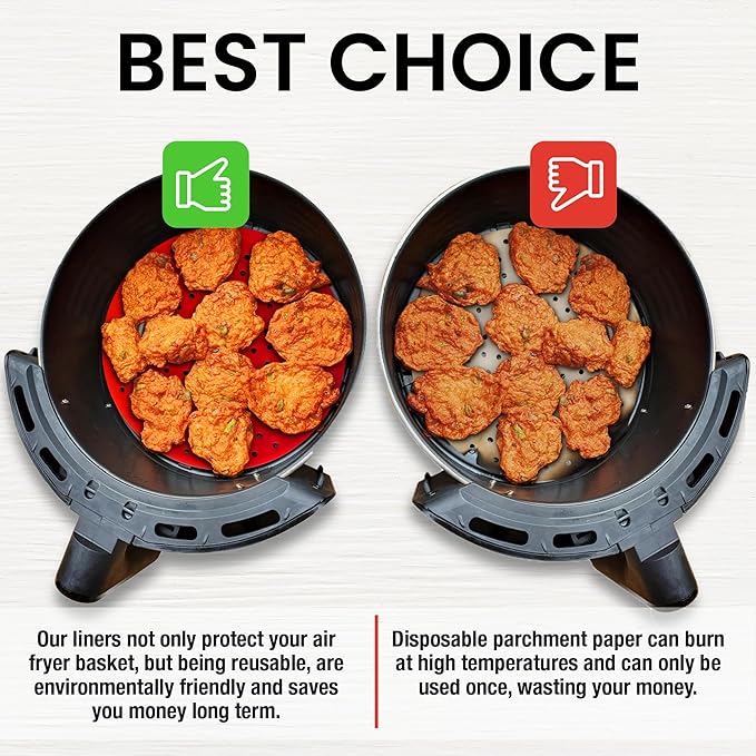 Reusable Air Fryer Liners 3 Pack for 5-7QT Fryers - 8" Round Silicone Air Fryer Liners - Easy to Clean Air Fryer Accessories - Non-Stick Parchment Paper Replacement