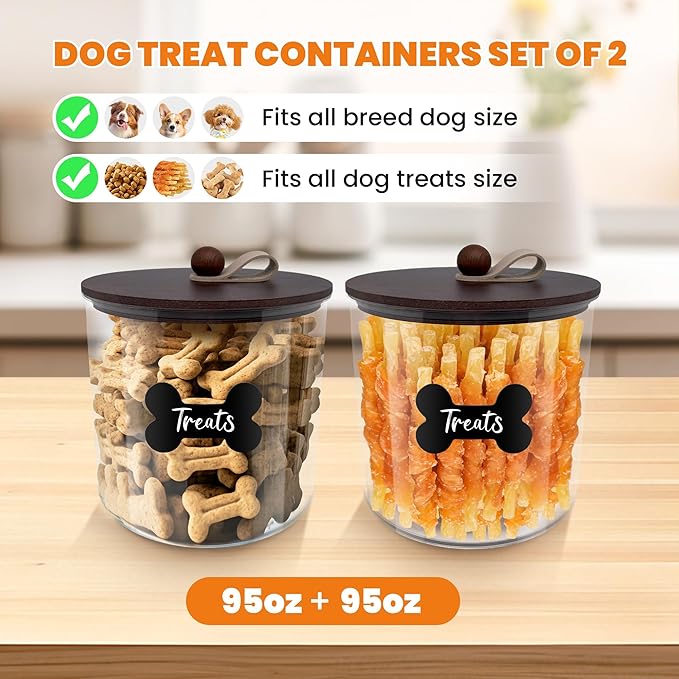 HOYTAMDAR 2 Pack Airtight Dog Food Storage Container,Dog Treat Container Dog Treat Jar with Wood Lids 6x5'',Pet Food Storage Container,Cat Food Container with Scoops,Food Tong,Labels,Pen