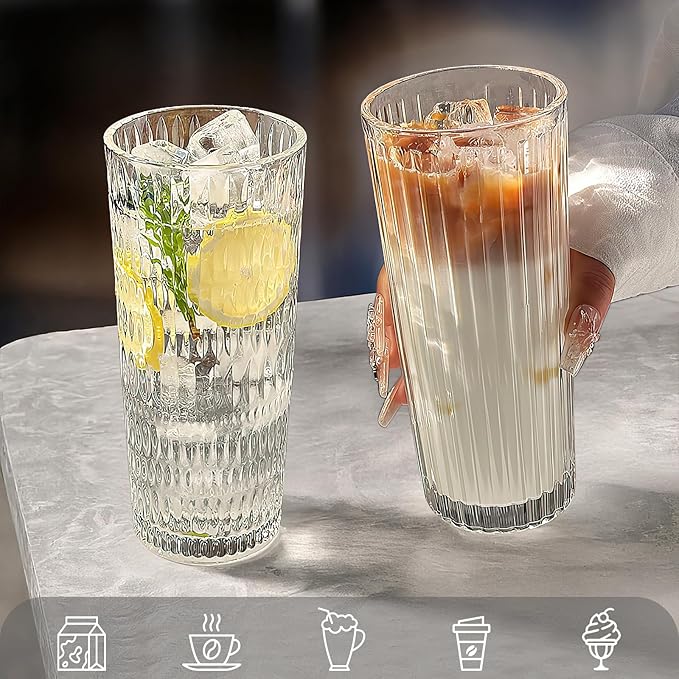 Puraville 2 Pack 18oz Glass Cups with Lids and Straws, Vintage Ribbed Striped Thickened Glassware for Whiskey Cocktail Beer, Mason Jar Drinking Glasses Tumbler Iced Coffee Cup, Clear