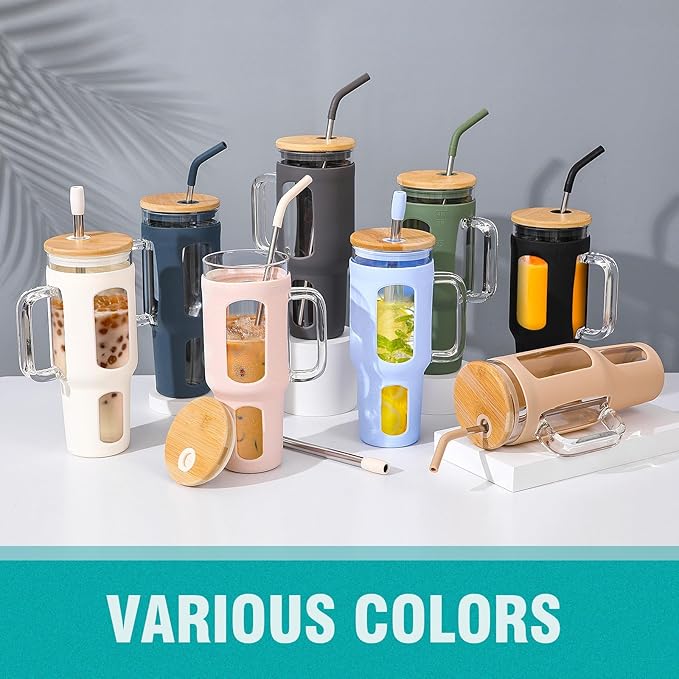 WINSA Glass Tumbler with Lid and Straw, 46 oz Iced Coffee Cup with Handle, Large Water Bottles with Silicone Sleeve, Glass Cup with Straws - Pearl Straw & Drinking Straw BPA Free-White