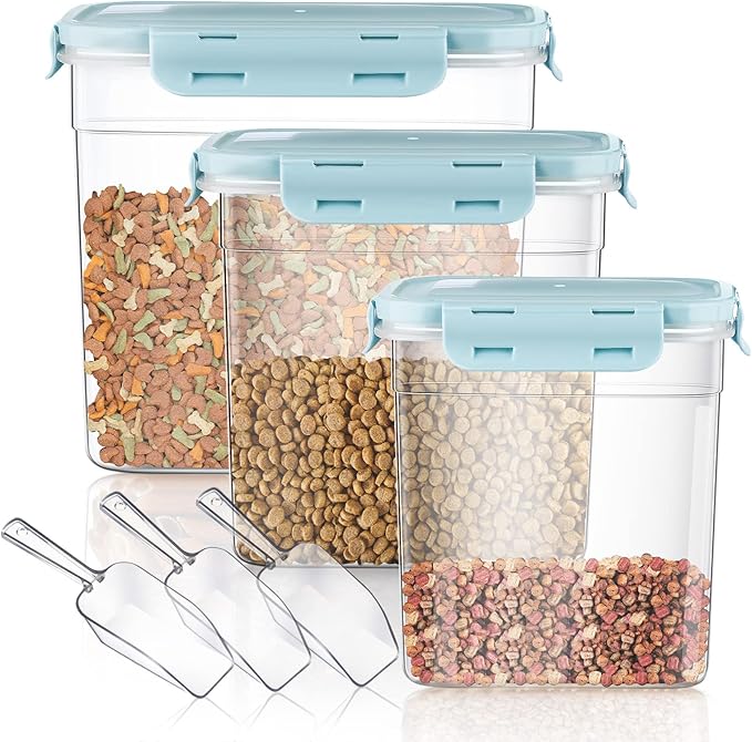 Patelai 6 Pcs Dog and Cat Food Storage Containers with Scoops Set Plastic Pet Food Storage Containers Stackable Airtight Dry for Kitchen 1.27 Qt, 2.4 Qt, 4 Qt(Blue)