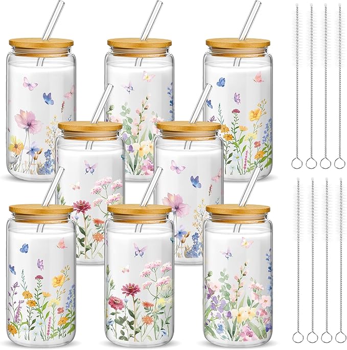 Mumufy 8 Pack Gift for Women Wild Flower Glass Cup Tumbler Butterfly Iced Coffee Mugs 16 oz Glass with Bamboo Lid & Straw, Christmas Mothers Day Birthday Gift for Mom Sister Bridesmaid Baby Shower