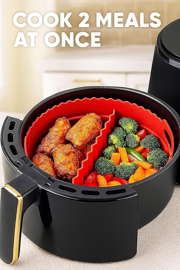 Silicone Air Fryer Liner 8.6" Round for 5–8 QT, With Divider Split for 2 Flavors, Reusable Non-Stick Collapsible Pot Liner, Dishwasher Safe, Heat-Resistant 446°F, GRAY, 1 Pack