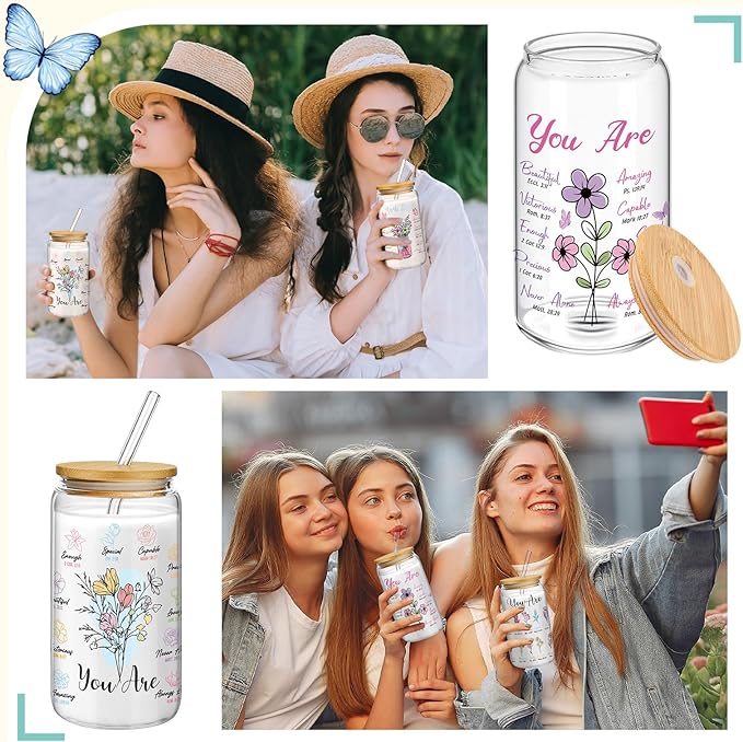 Mumufy 4 Pack Christian Inspiration Flower Glass Cup with Bamboo Lid and Straw Tumbler Iced Coffee Mugs 16 oz Glass, Mothers Day Birthday Women Religious Gift for Mom Sister Bridesmaid Baby Shower