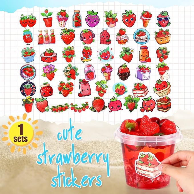Funnymoom 30 Set Strawberry Clear Plastic Cups with Lids & Straws 24oz Disposable Rum Drink Buckets Bulk for Cocktail Parties with Handles & Stickers for Holiday Birthday Beach Pool Party Supplies