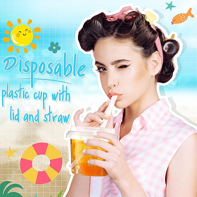 Funnymoom 15 Set 16oz Clear Plastic Drink Buckets with Lids and Straws Disposable Iced Coffee Cups Rum Buckets for Cocktail Parties Smoothie Cup Bulk with Handles for Beach Pool Party Supplies