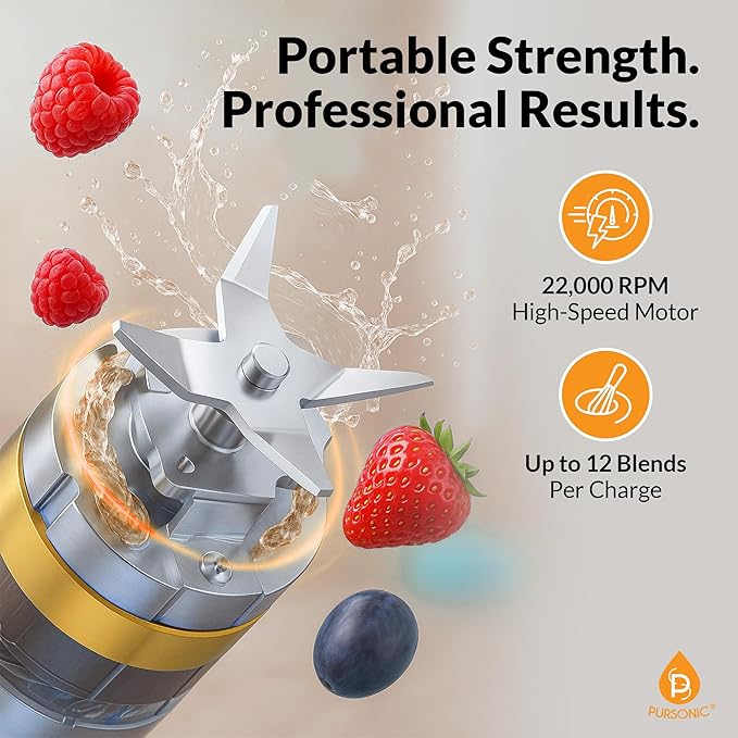 Pursonic Portable Juicer & Blender Cup – USB C Charging Mini Smoothie Blender with 50W Motor, 12-Blade Power System, 3 Speeds – Personal Juice & Smoothie Maker (15.2 oz)