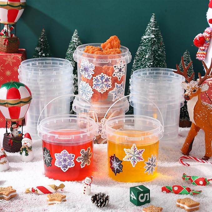 PerKoop 20 Pcs 32 oz Ice Cream Buckets with Lids and Handles Clear Cocktail Rum Buckets with Stickers Plastic Transparent Tub Reusable Food Storage Containers for Parties(Snowflake)