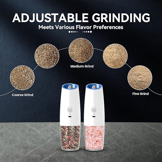 UNNEES Rechargeable Electric Salt and Pepper Grinder set of 2, gravity electric salt and pepper grinder set, Adjustable Roughness, LED Light, 2 Pack, (White)
