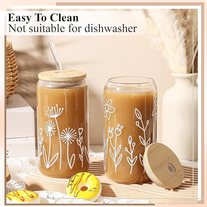 Mumufy 2 Pack Bridesmaid Gift Glass Cups, Cute Flower Mason Jars with Bamboo Lids & Straws, 16oz Iced Coffee Tumblers for Wedding, Bridal Party, Birthday, Mother's Day(Boho Flower)