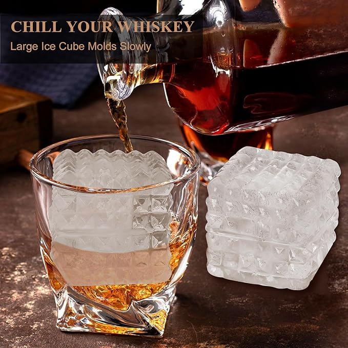 2 Pack Whiskey Ice Cubes Mold,Silicone Ice Cube Trays with Lid,2-Inch,Diamond Textured Large Square Ice Cube Mold,Bourbon Ice Cube Molds,Ice Trays-Ice Molds for Whiskey,Cocktails,Blue