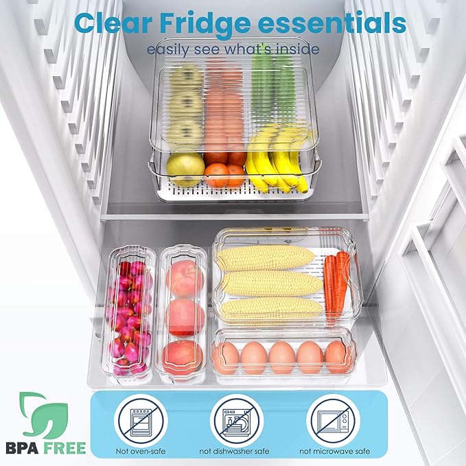 SMRCAD 8 Pack Refrigerator Organizers, Clear Pull-out Drawer Container and Organizer Bins with Lids, Stackable Storage Containers for Fruits, Vegetable (Set of 8 (Include Pull Out Drawer))