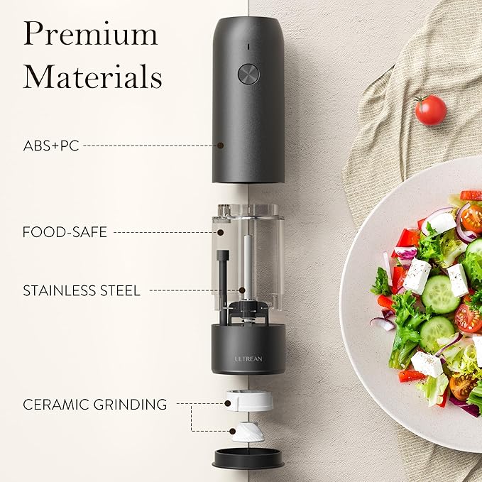 Ultrean Salt and Pepper Grinder Set, Rechargeable Salt and Pepper Shakers, 6 Adjustable Coarseness, LED Light, Kitchen Gadget & Housewarming Gift, Cooking Gifts for Men, Stainless Steel