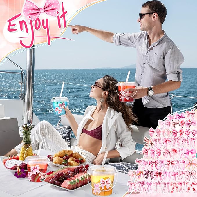 Funnymoom 30 Set Pink Bow Clear Plastic Cups with Lids & Straws 24oz Disposable Rum Drink Buckets Bulk for Cocktail Parties with Handles & Stickers for Holiday Birthday Beach Pool Party Supplies