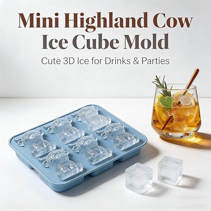Mini Highland Cow Ice Cube Mold,Funny 3D Highland Cow Ice Cube Tray,Cute Animal Silicone Molds for Whiskey,Cocktails, Beer & Drinks, Novelty Cow Easter Molds Perfect Gifts for Friends(6-Cavity)