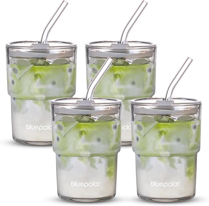 BLUEPOLAR 13oz/400ml Glass Water Tumbler with Straw and Lid Sealed Carry On Thick Wall Iced Coffee Cup Glass Cup for Water, Iced Tea Fruit Juice Etc (Aurora White-4Pack)