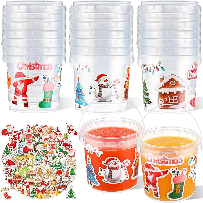 PerKoop 20 Pcs 32 oz Ice Cream Buckets with Lids and Handles Clear Cocktail Rum Buckets with Stickers Plastic Transparent Tub Reusable Food Storage Containers for Parties(Santa)