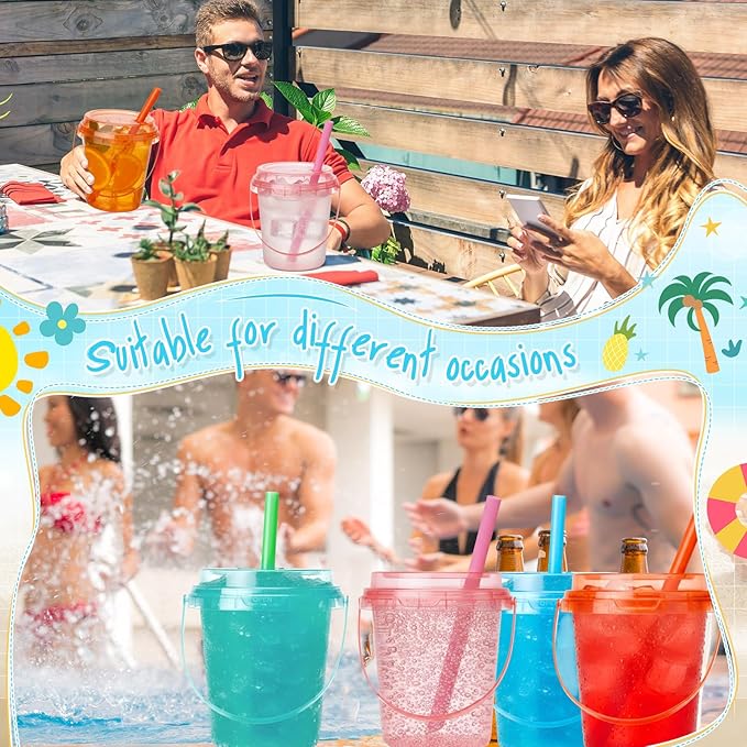 Funnymoom 100 Set 24oz Disposable Plastic Drink Buckets with Lids and Straws Pastel Iced Coffee Cups Rum Buckets for Cocktail Parties Smoothie Cup Bulk with Handles for Beach Pool Party Supplies